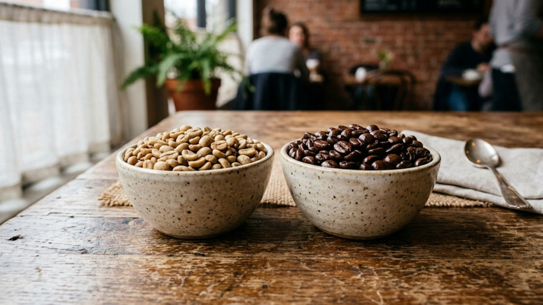 Does dark roast coffee have less acid than light roast: two ceramic bowls on a wooden table hold light-colored green beans and dark roasted beans side by side in a café.