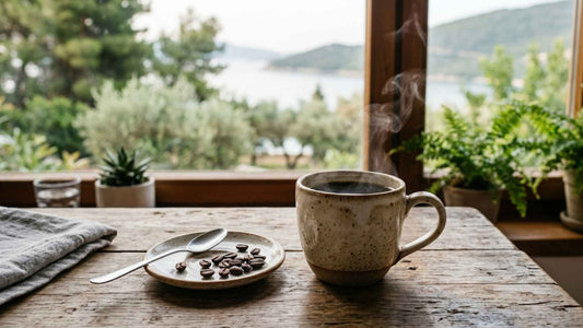 What is low acid coffee and is it really better for you: a steaming mug of coffee and a saucer of roasted beans on a rustic table by a window overlooking a lake and greenery.