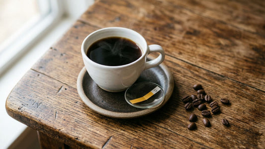 Why is coffee acidic and what causes it—pH and low-acid tips: a steaming cup of black coffee on a saucer with a pH test strip beside scattered roasted beans on a wooden table.