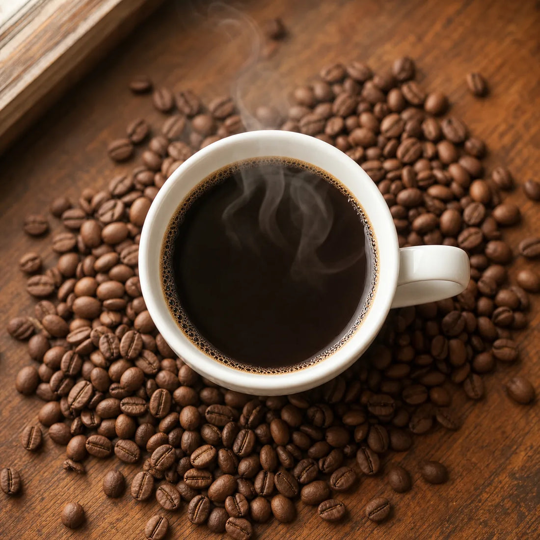 A cup of brewed coffee beside a scatter of matte, chestnut-brown medium roast beans on a wooden table
