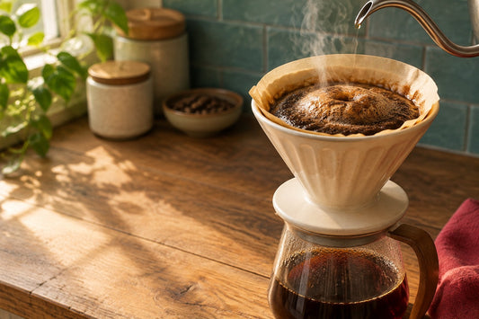 Freshly ground coffee blooming in a ceramic pour-over dripper, its surface domed and bubbling as carbon dioxide escapes