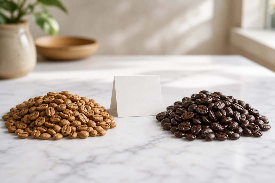 Light roast and dark roast coffee beans side by side on a marble surface