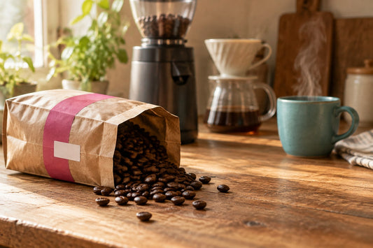 Open bag of whole roasted coffee beans with a date sticker beside a grinder and pour-over dripper on a wooden counter in morning light
