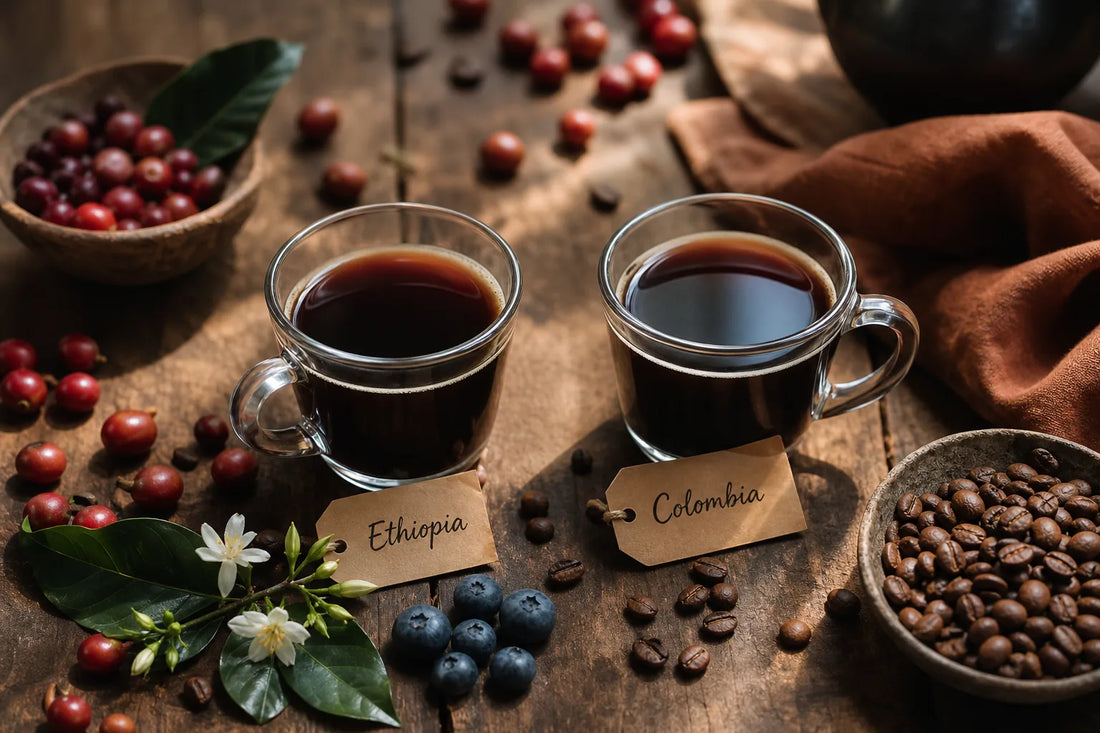 Two glasses of black coffee from Ethiopia and Colombia surrounded by coffee cherries, roasted beans, jasmine, and blueberries on a wooden table