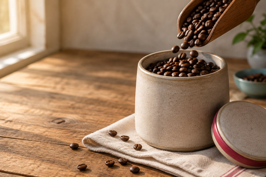 Whole roasted coffee beans pouring from a wooden scoop into an opaque, airtight ceramic canister on a wooden table in soft morning light